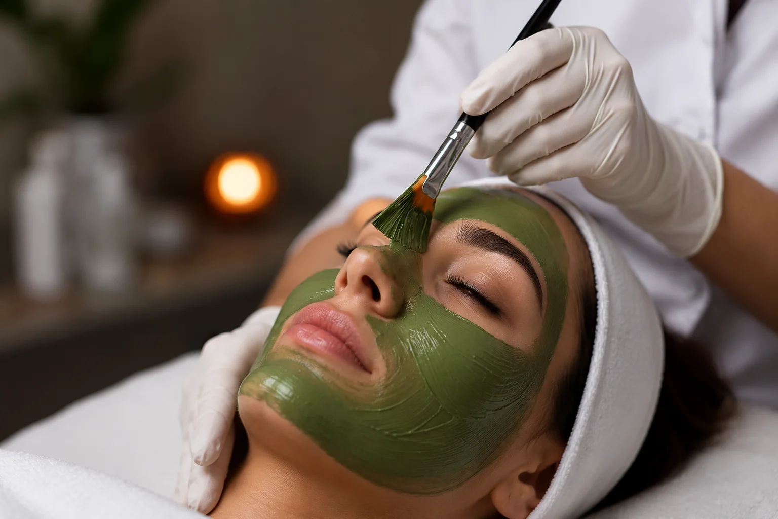 Aplicación de mascarilla facial verde durante un tratamiento de piel