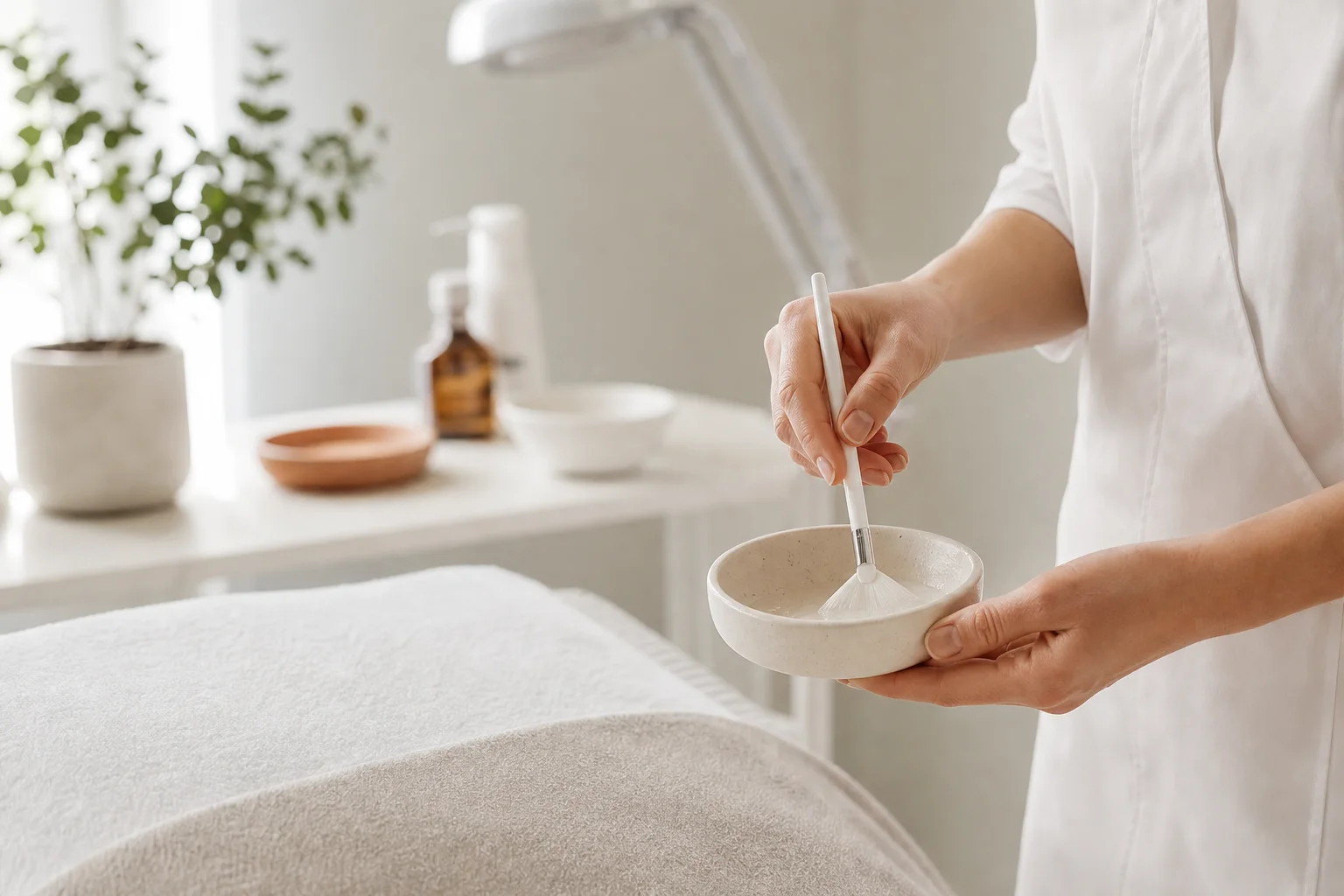 Cosmetologa preparando un producto facial en una sala de tratamiento tranquila