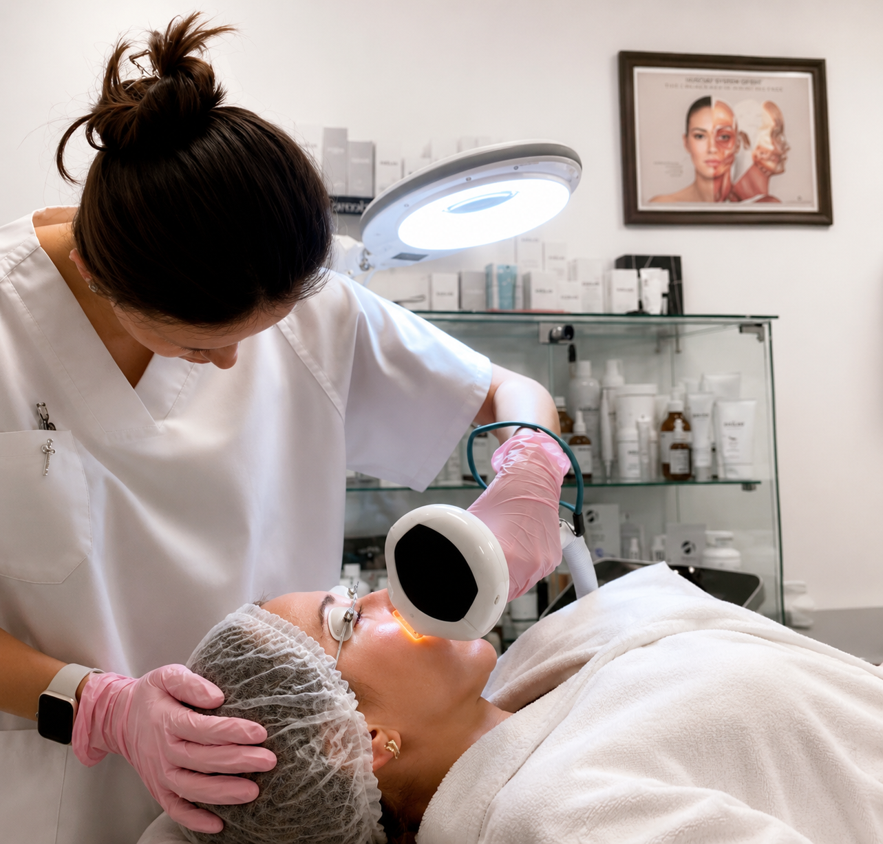 Sala de tratamiento estetico con equipamiento clinico para el cuidado de la piel